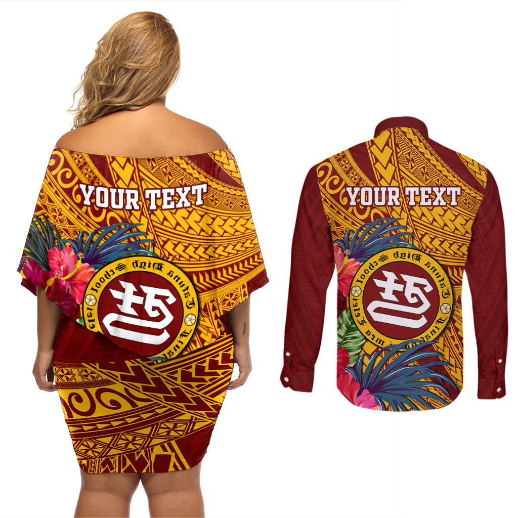 Personalised Tafuna High School Couples Matching Off Shoulder Short Dress and Long Sleeve Button Shirt American Samoa Schools Polynesian Tropical Flowers - Wonder Print Shop