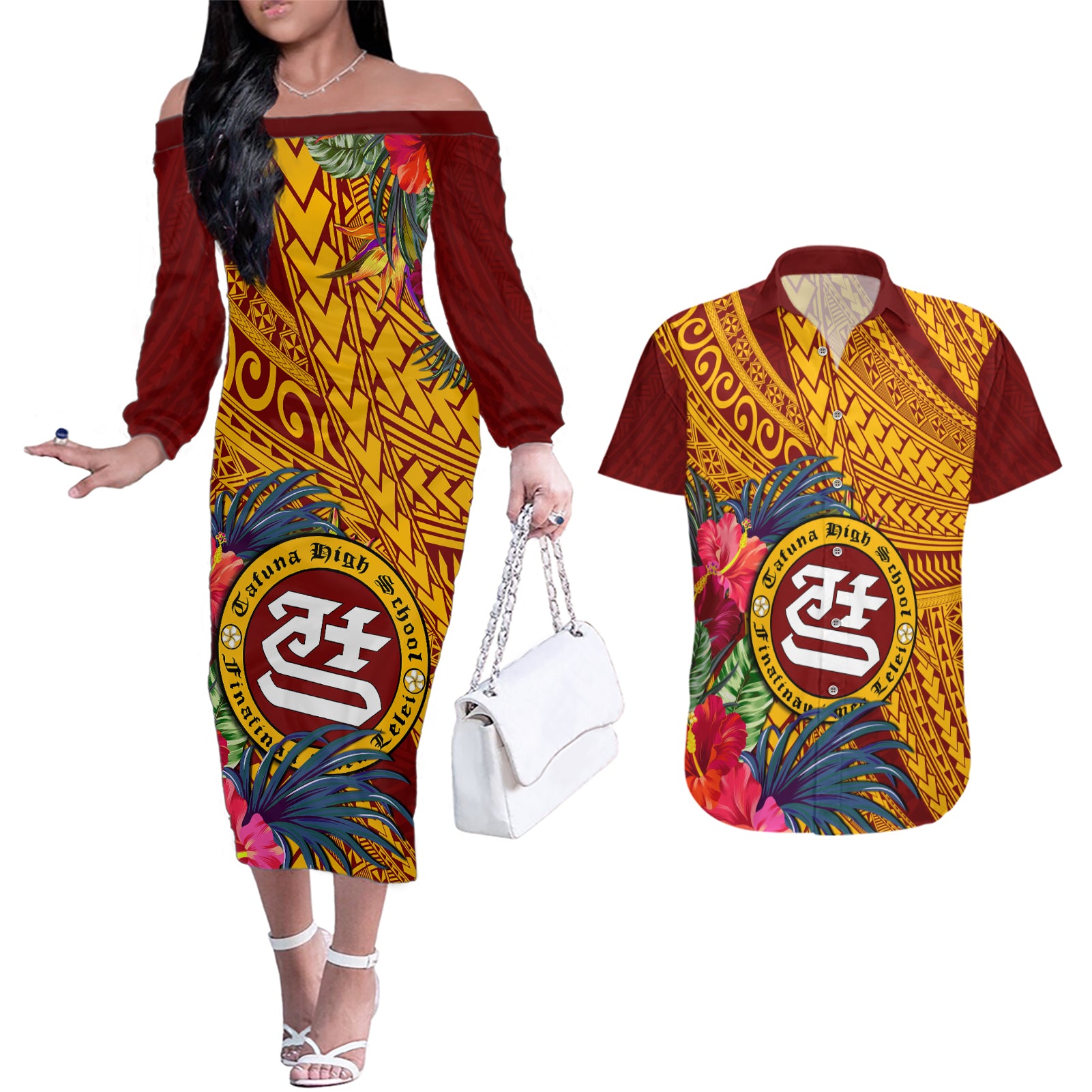 Personalised Tafuna High School Couples Matching Off The Shoulder Long Sleeve Dress and Hawaiian Shirt American Samoa Schools Polynesian Tropical Flowers - Wonder Print Shop
