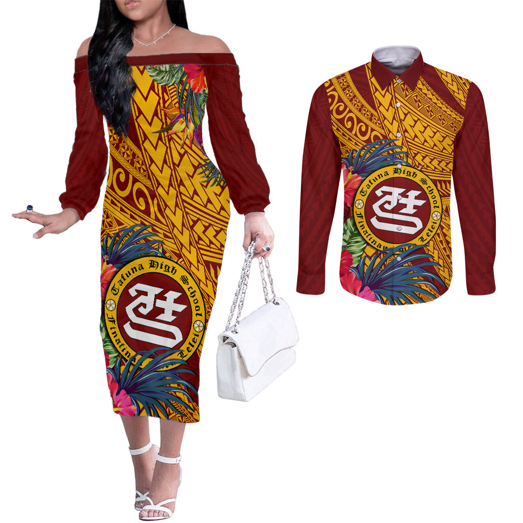 personalised-tafuna-high-school-couples-matching-off-the-shoulder-long-sleeve-dress-and-long-sleeve-button-shirt-american-samoa-schools-polynesian-tropical-flowers