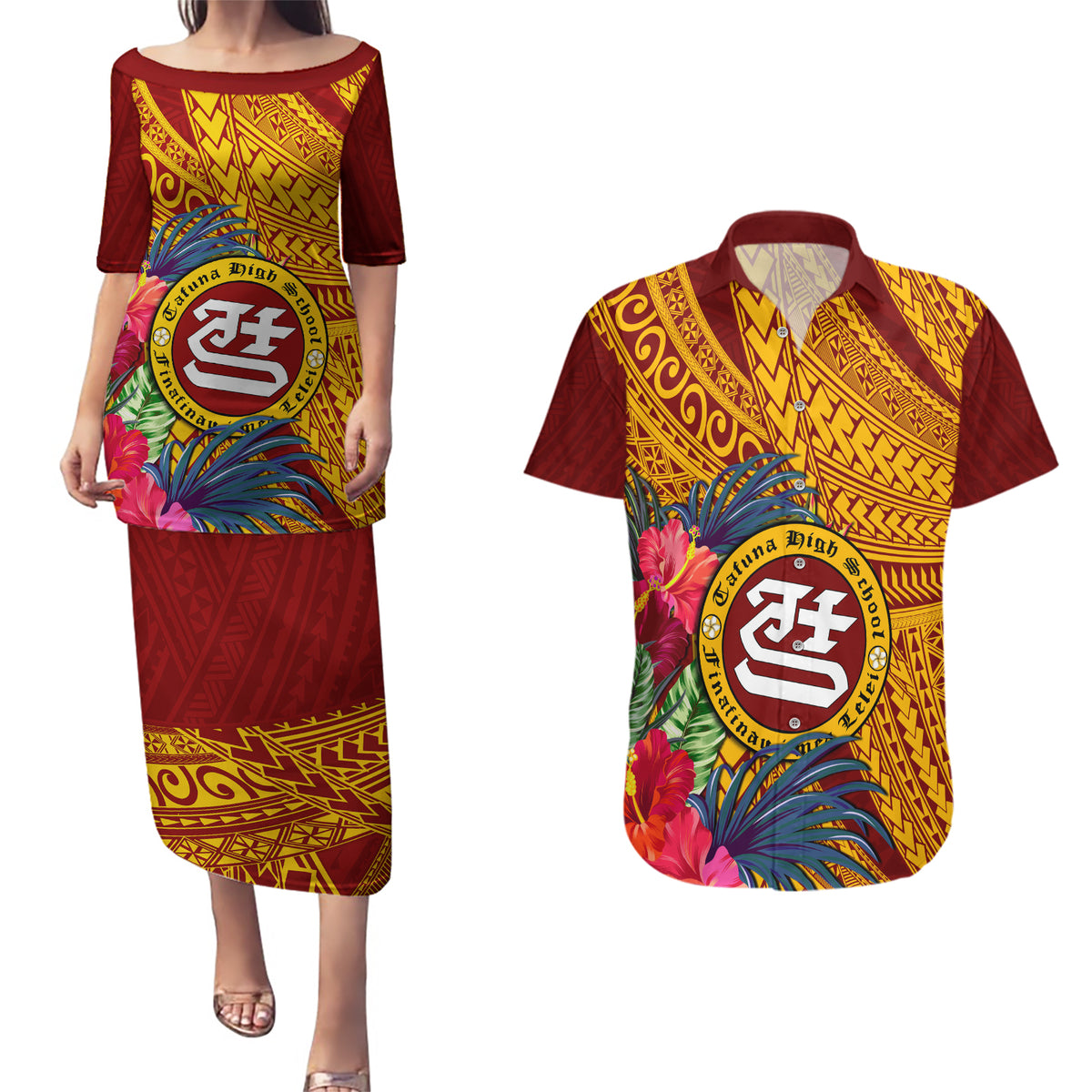 Personalised Tafuna High School Couples Matching Puletasi Dress and Hawaiian Shirt American Samoa Schools Polynesian Tropical Flowers - Wonder Print Shop