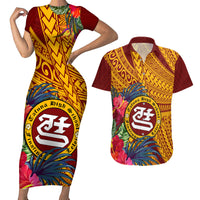 Personalised Tafuna High School Couples Matching Short Sleeve Bodycon Dress and Hawaiian Shirt American Samoa Schools Polynesian Tropical Flowers - Wonder Print Shop