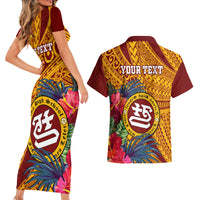 Personalised Tafuna High School Couples Matching Short Sleeve Bodycon Dress and Hawaiian Shirt American Samoa Schools Polynesian Tropical Flowers - Wonder Print Shop