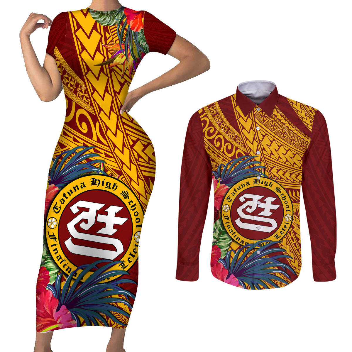 Personalised Tafuna High School Couples Matching Short Sleeve Bodycon Dress and Long Sleeve Button Shirt American Samoa Schools Polynesian Tropical Flowers - Wonder Print Shop