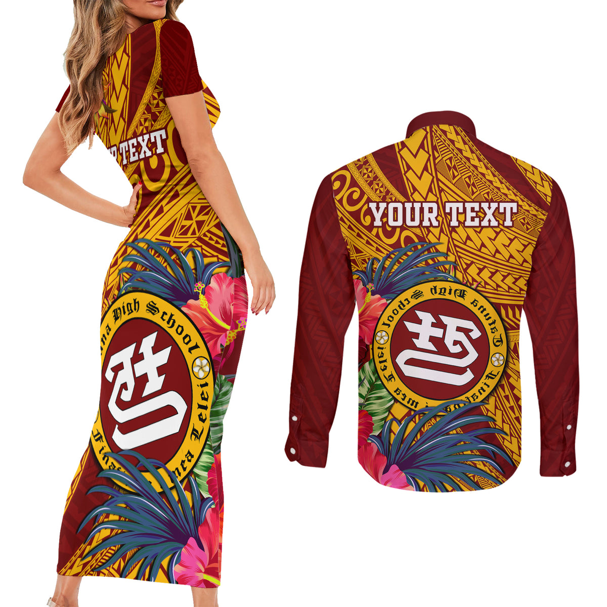 Personalised Tafuna High School Couples Matching Short Sleeve Bodycon Dress and Long Sleeve Button Shirt American Samoa Schools Polynesian Tropical Flowers - Wonder Print Shop