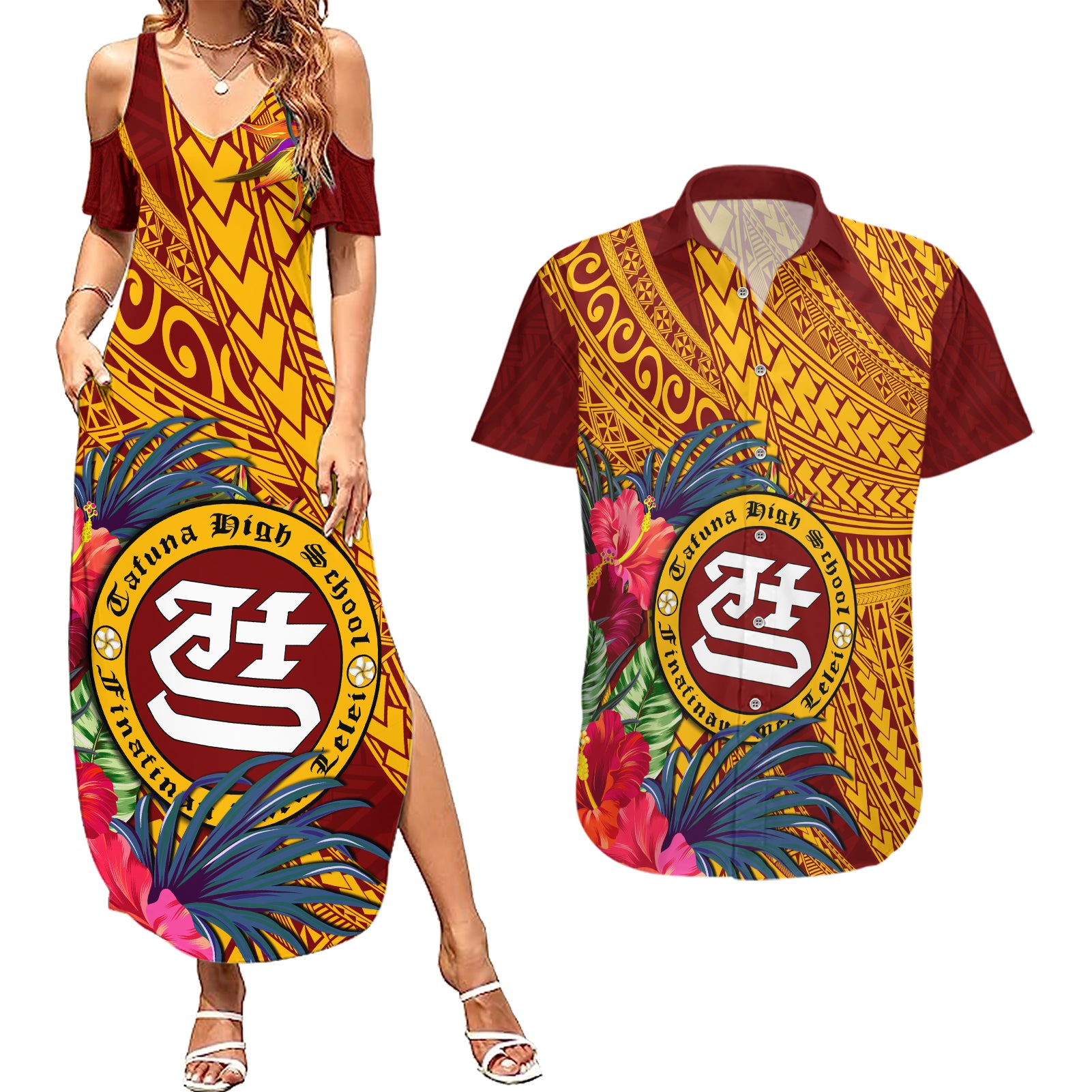 Personalised Tafuna High School Couples Matching Summer Maxi Dress and Hawaiian Shirt American Samoa Schools Polynesian Tropical Flowers - Wonder Print Shop
