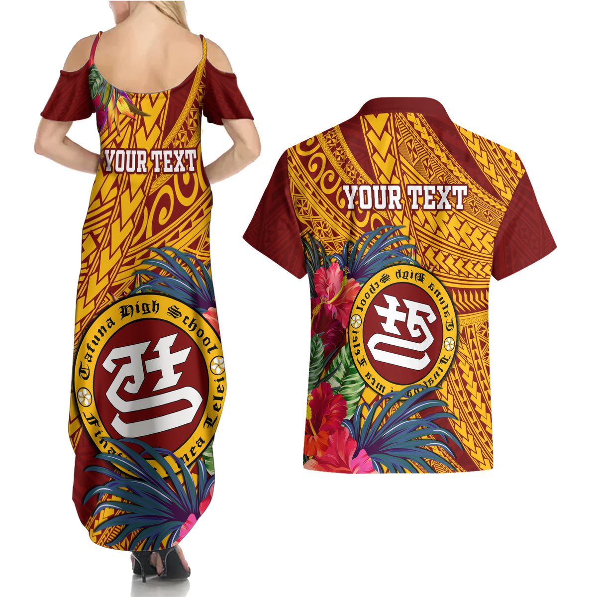 Personalised Tafuna High School Couples Matching Summer Maxi Dress and Hawaiian Shirt American Samoa Schools Polynesian Tropical Flowers - Wonder Print Shop