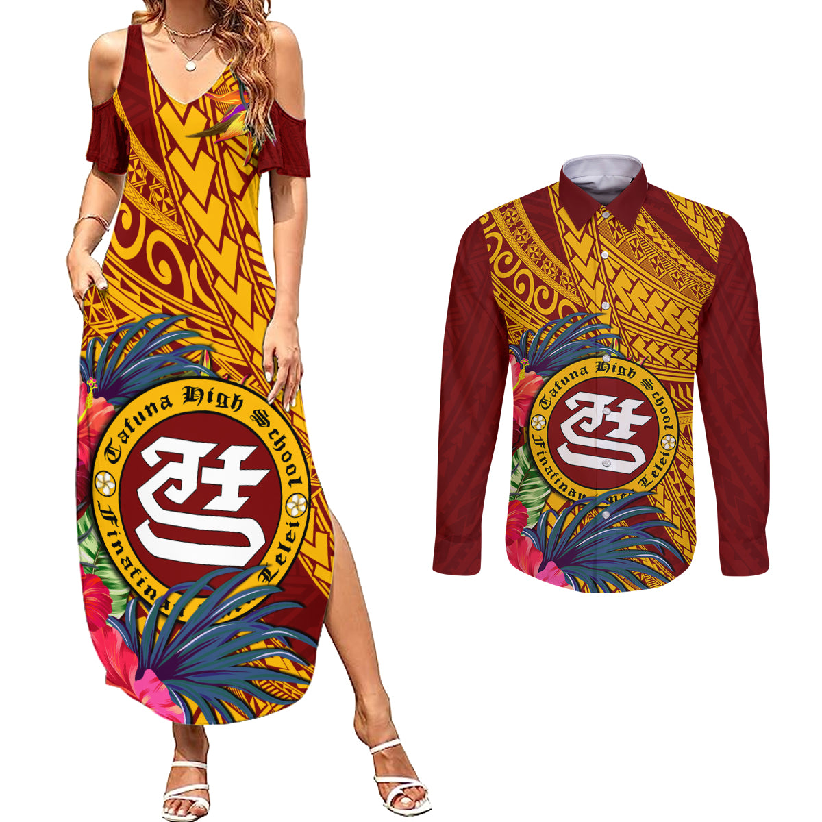 Personalised Tafuna High School Couples Matching Summer Maxi Dress and Long Sleeve Button Shirt American Samoa Schools Polynesian Tropical Flowers - Wonder Print Shop