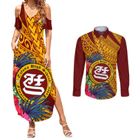 Personalised Tafuna High School Couples Matching Summer Maxi Dress and Long Sleeve Button Shirt American Samoa Schools Polynesian Tropical Flowers - Wonder Print Shop