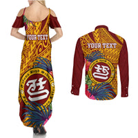 Personalised Tafuna High School Couples Matching Summer Maxi Dress and Long Sleeve Button Shirt American Samoa Schools Polynesian Tropical Flowers - Wonder Print Shop
