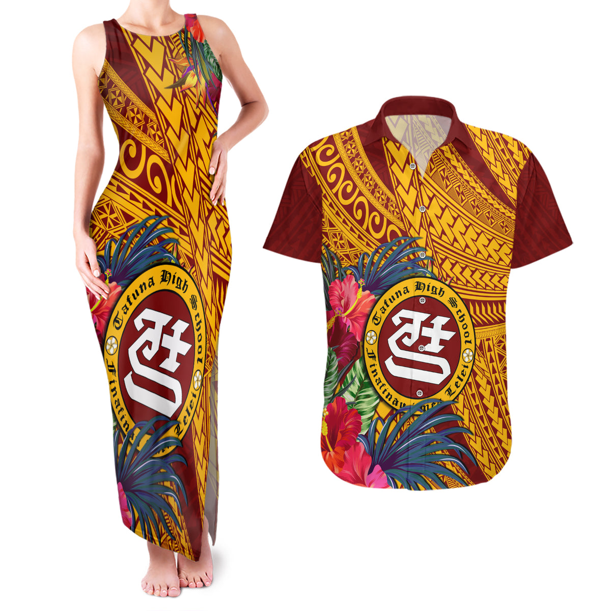 Personalised Tafuna High School Couples Matching Tank Maxi Dress and Hawaiian Shirt American Samoa Schools Polynesian Tropical Flowers - Wonder Print Shop