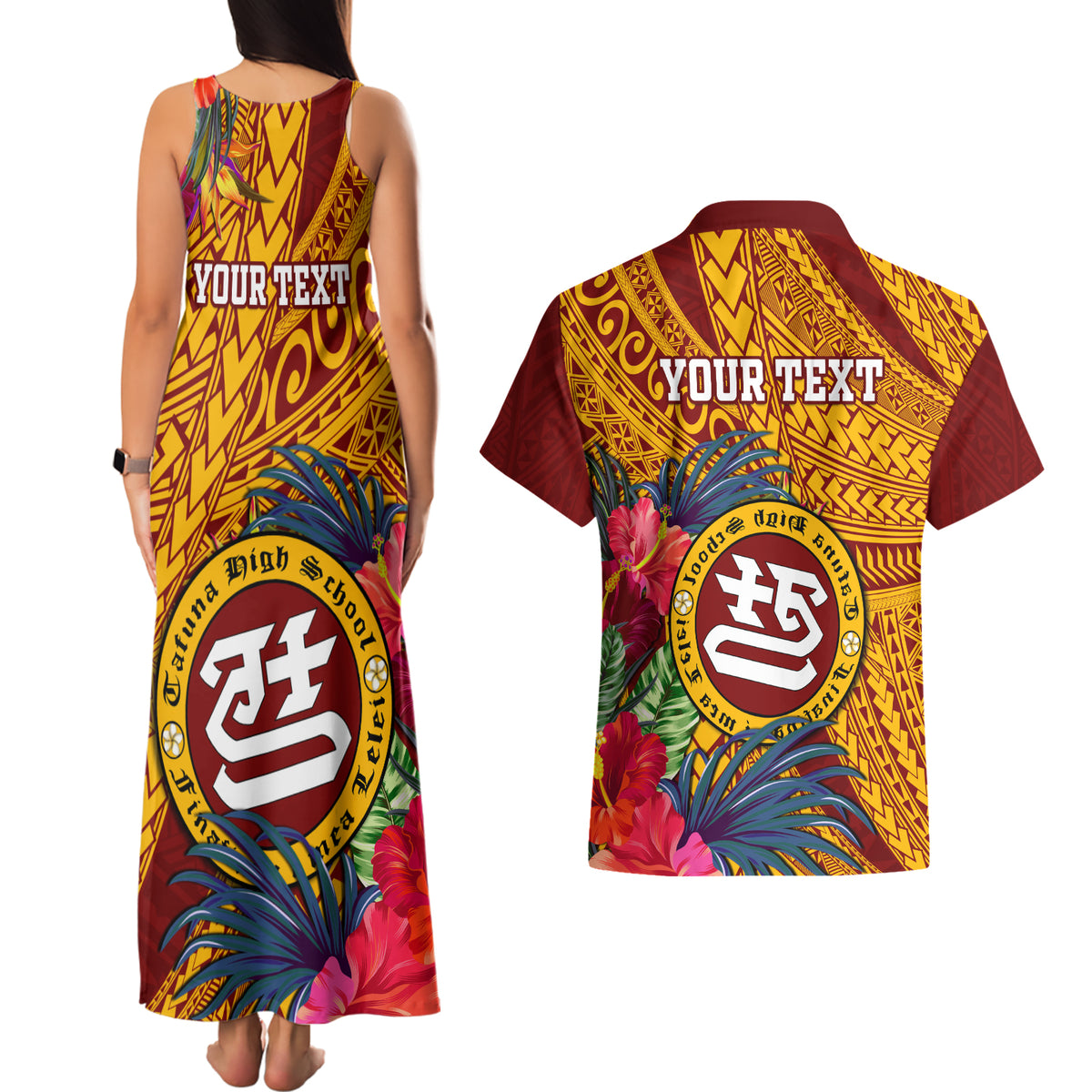 Personalised Tafuna High School Couples Matching Tank Maxi Dress and Hawaiian Shirt American Samoa Schools Polynesian Tropical Flowers - Wonder Print Shop