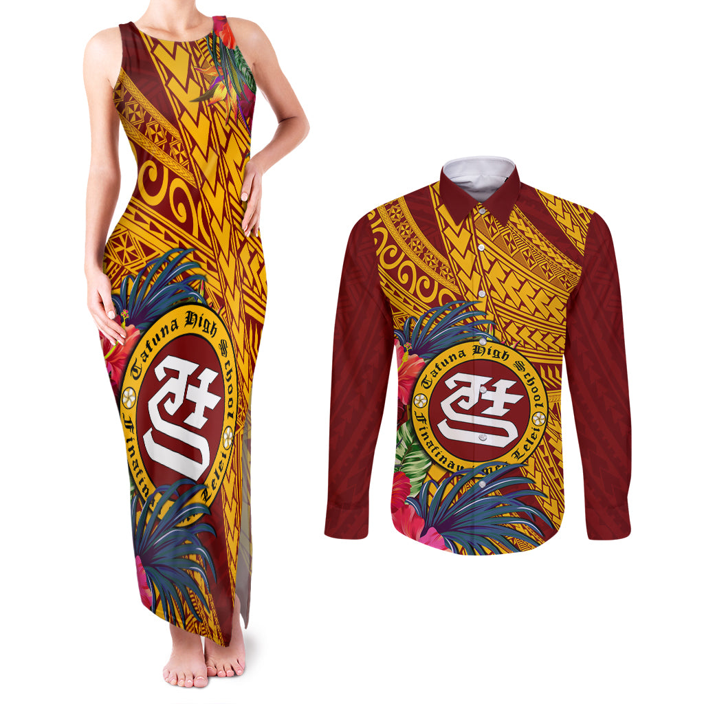 Personalised Tafuna High School Couples Matching Tank Maxi Dress and Long Sleeve Button Shirt American Samoa Schools Polynesian Tropical Flowers - Wonder Print Shop