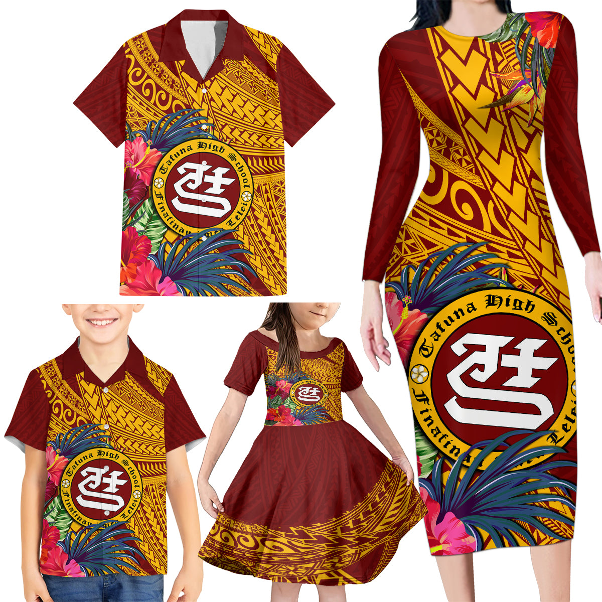 Personalised Tafuna High School Family Matching Long Sleeve Bodycon Dress and Hawaiian Shirt American Samoa Schools Polynesian Tropical Flowers - Wonder Print Shop