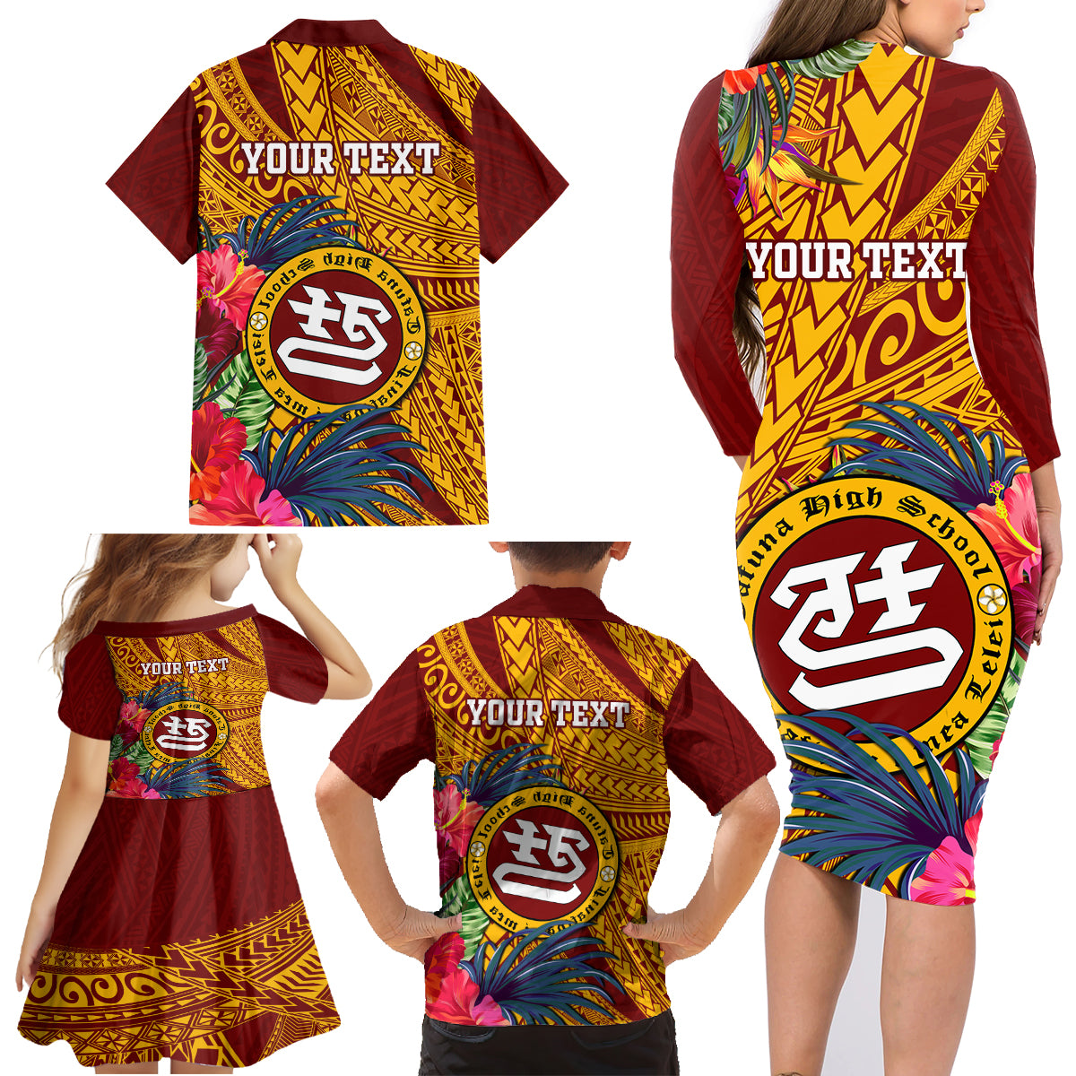 Personalised Tafuna High School Family Matching Long Sleeve Bodycon Dress and Hawaiian Shirt American Samoa Schools Polynesian Tropical Flowers - Wonder Print Shop