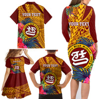 Personalised Tafuna High School Family Matching Long Sleeve Bodycon Dress and Hawaiian Shirt American Samoa Schools Polynesian Tropical Flowers - Wonder Print Shop
