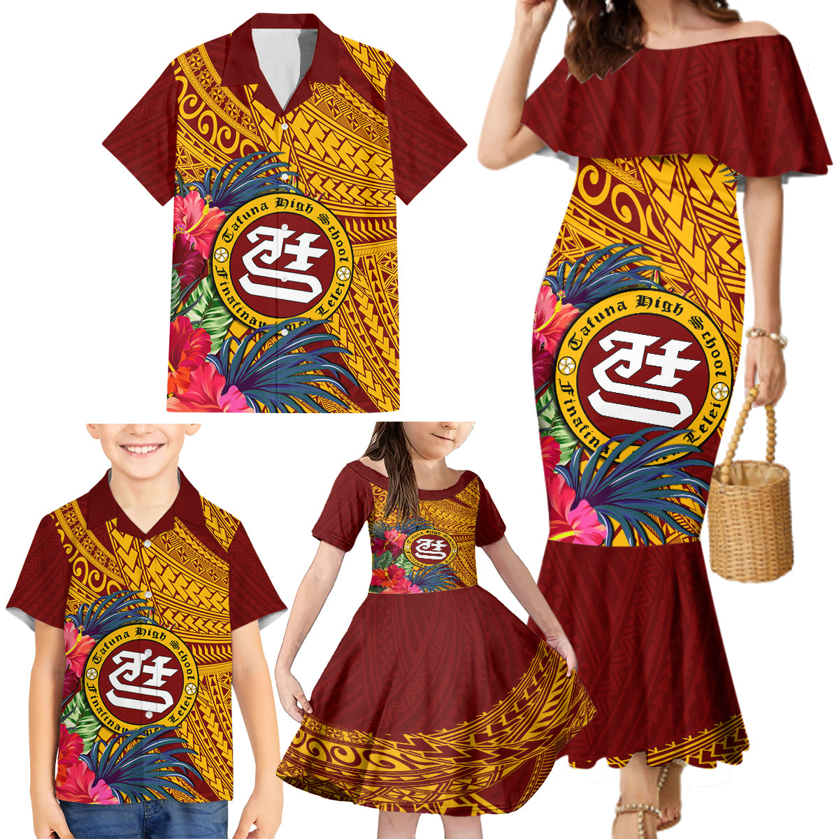 Personalised Tafuna High School Family Matching Mermaid Dress and Hawaiian Shirt American Samoa Schools Polynesian Tropical Flowers - Wonder Print Shop