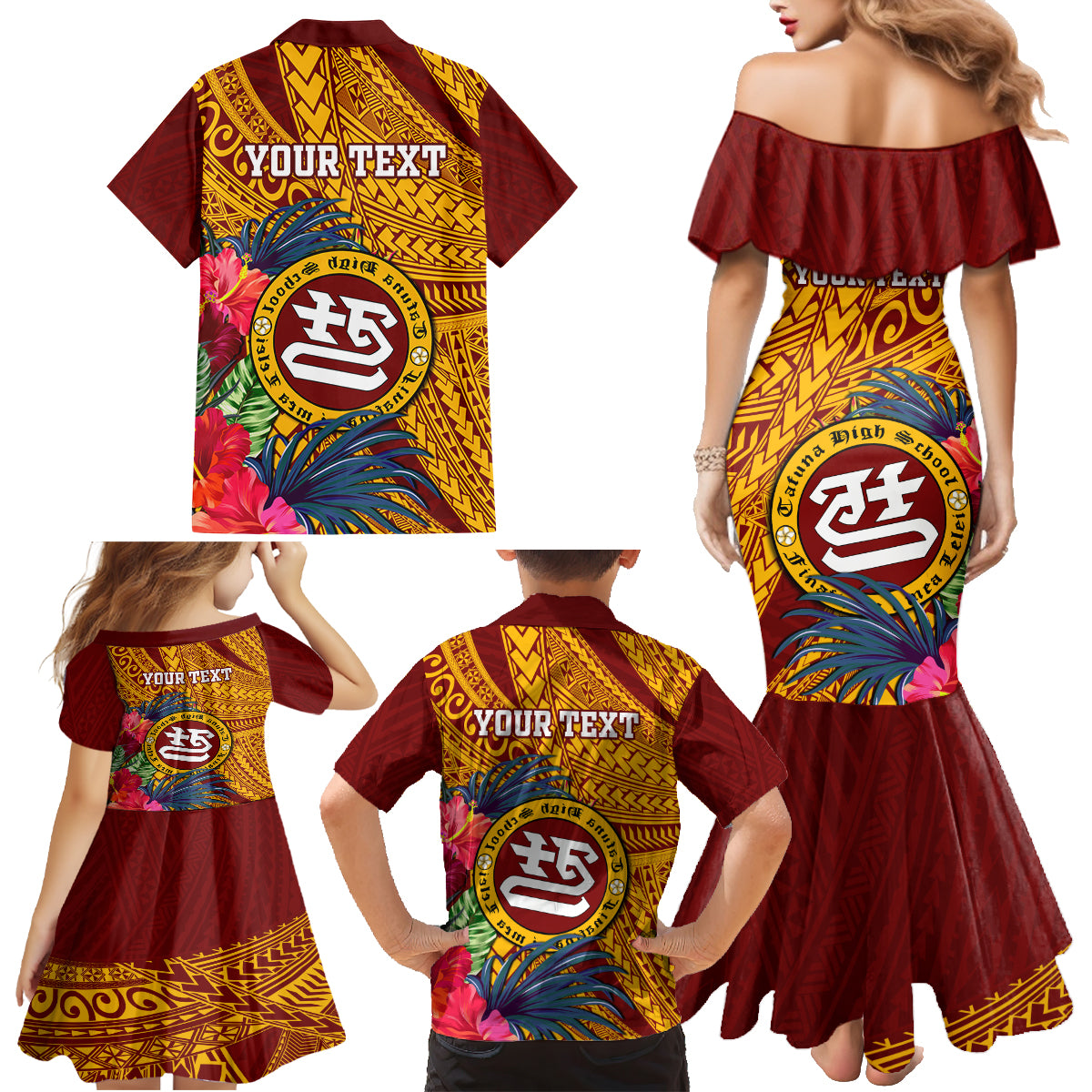 Personalised Tafuna High School Family Matching Mermaid Dress and Hawaiian Shirt American Samoa Schools Polynesian Tropical Flowers - Wonder Print Shop