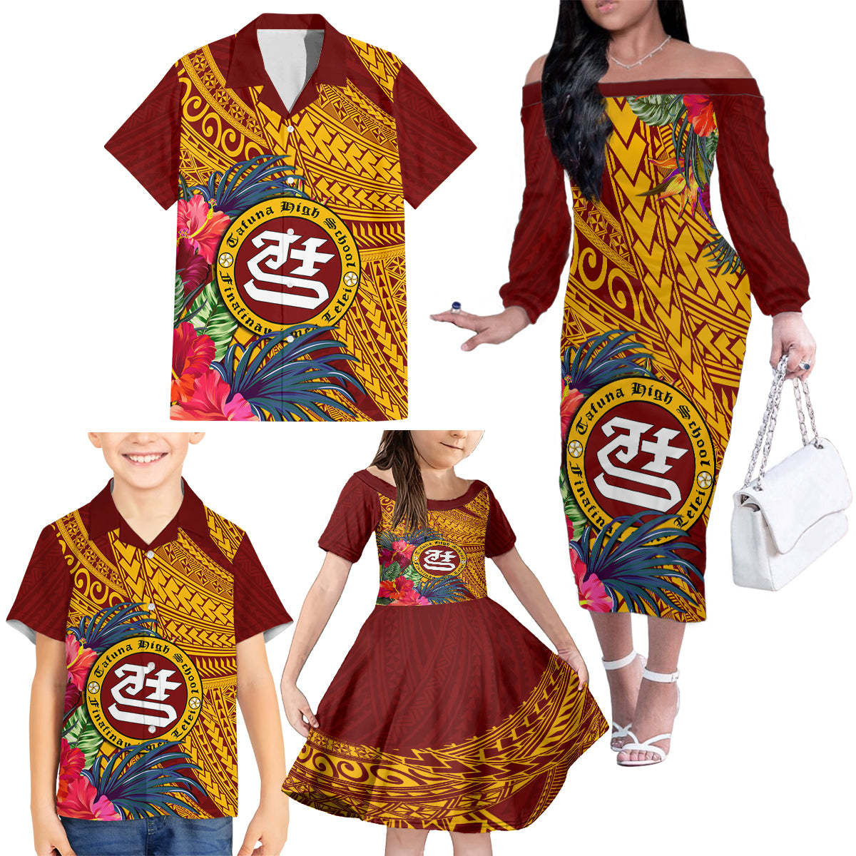 Personalised Tafuna High School Family Matching Off Shoulder Long Sleeve Dress and Hawaiian Shirt American Samoa Schools Polynesian Tropical Flowers - Wonder Print Shop