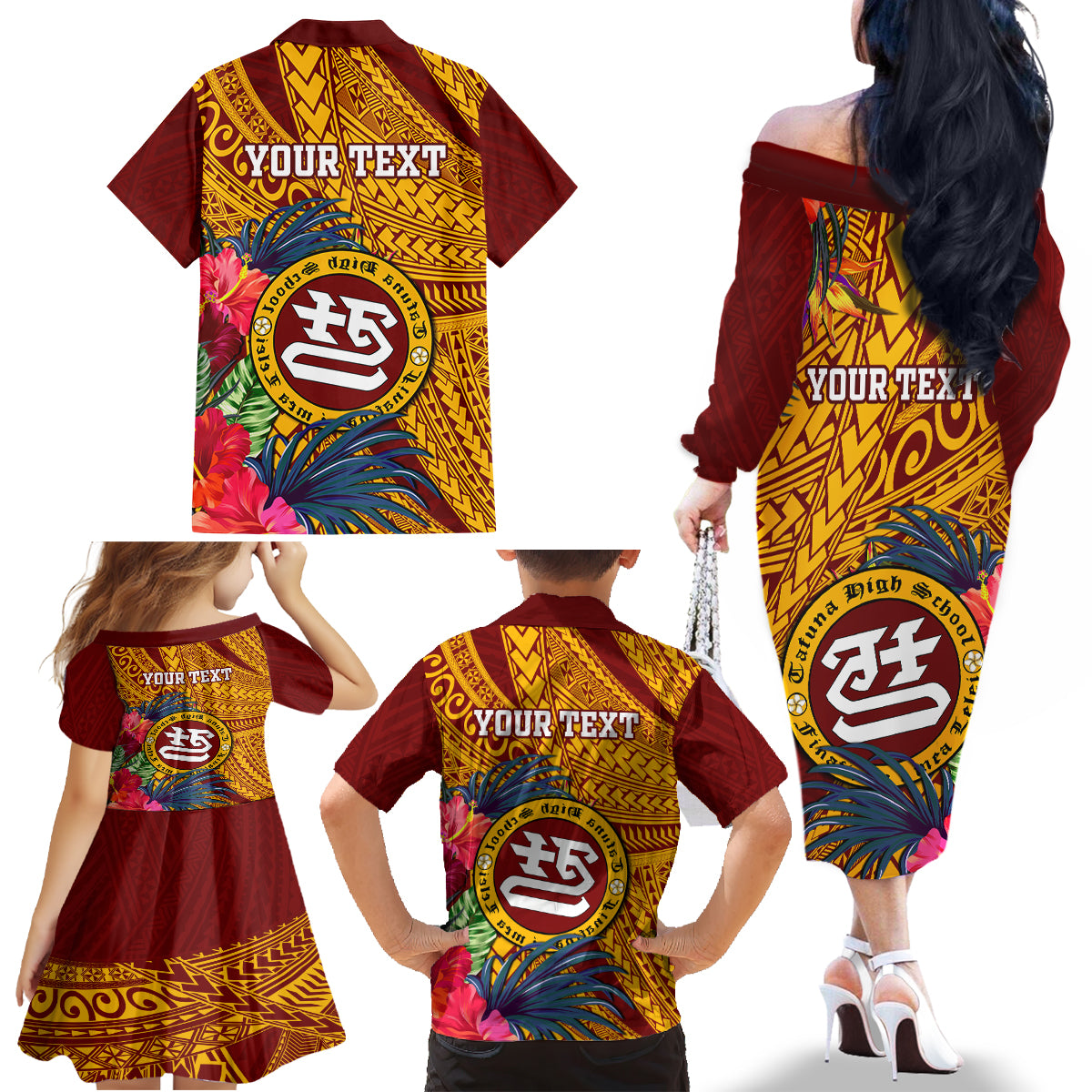 Personalised Tafuna High School Family Matching Off Shoulder Long Sleeve Dress and Hawaiian Shirt American Samoa Schools Polynesian Tropical Flowers - Wonder Print Shop