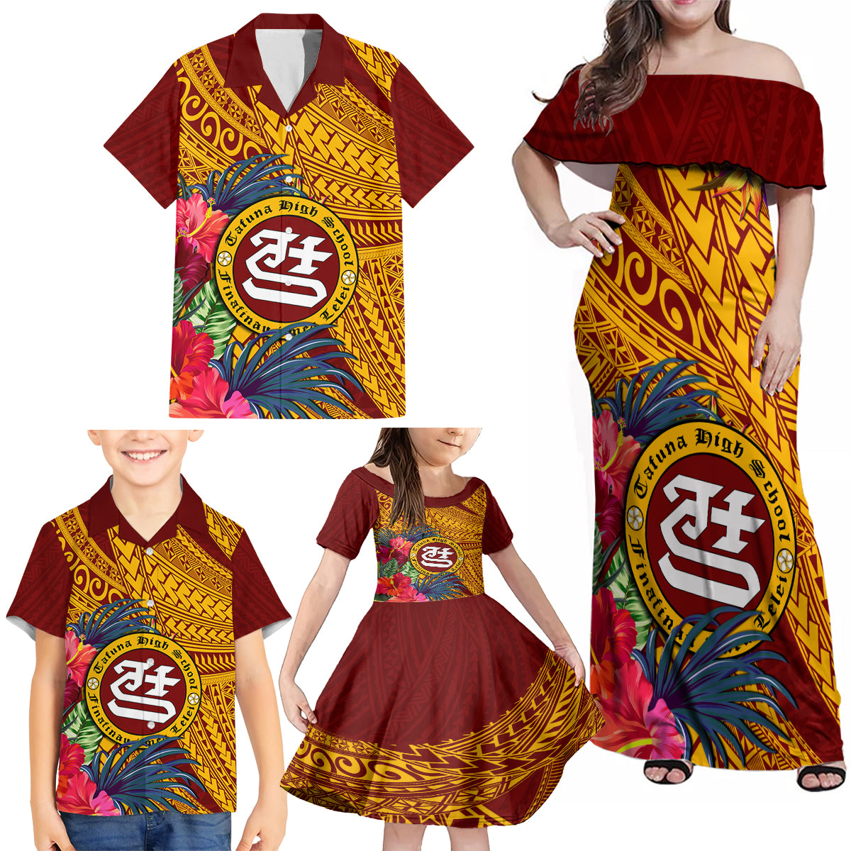 Personalised Tafuna High School Family Matching Off Shoulder Maxi Dress and Hawaiian Shirt American Samoa Schools Polynesian Tropical Flowers - Wonder Print Shop
