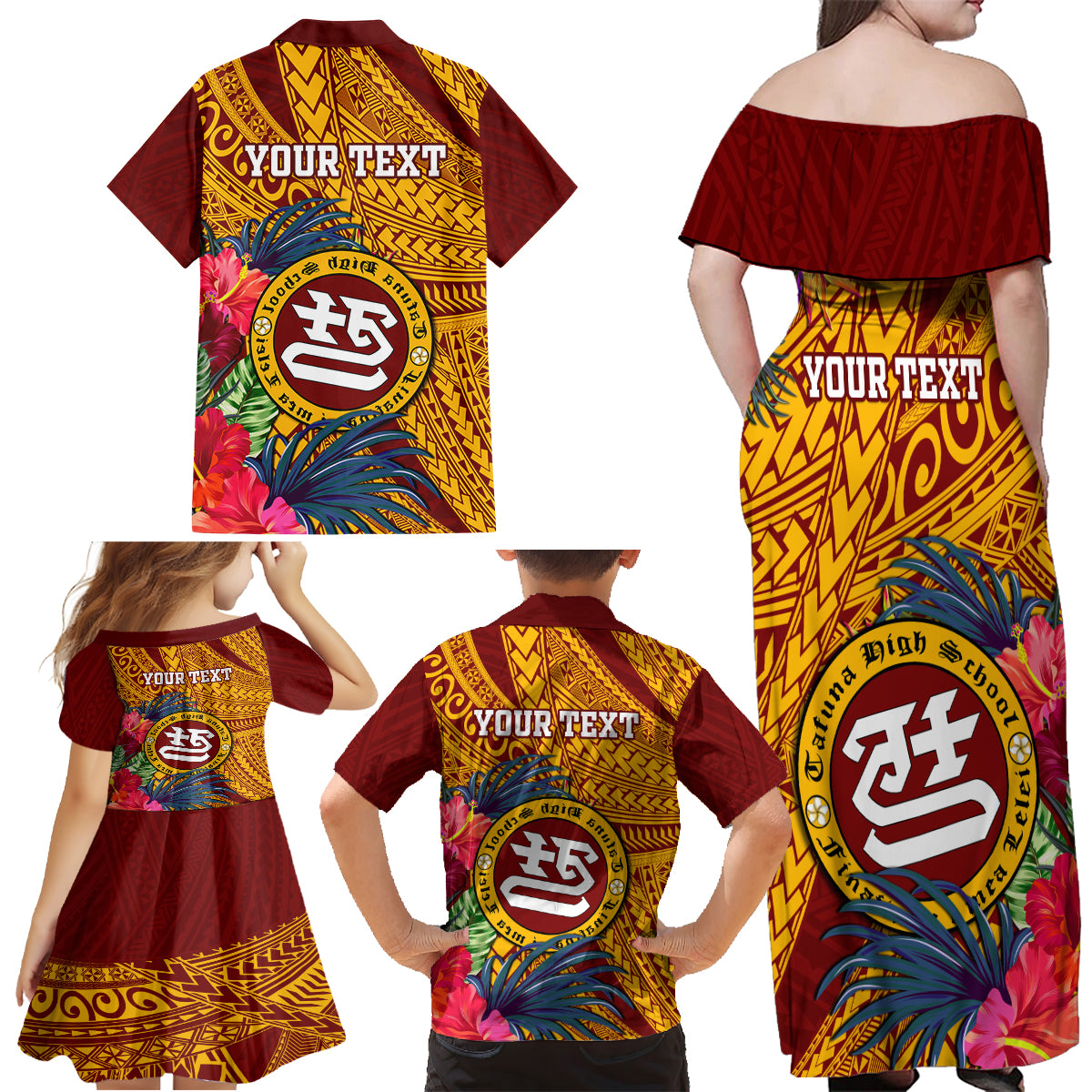 Personalised Tafuna High School Family Matching Off Shoulder Maxi Dress and Hawaiian Shirt American Samoa Schools Polynesian Tropical Flowers - Wonder Print Shop