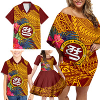Personalised Tafuna High School Family Matching Off Shoulder Short Dress and Hawaiian Shirt American Samoa Schools Polynesian Tropical Flowers - Wonder Print Shop