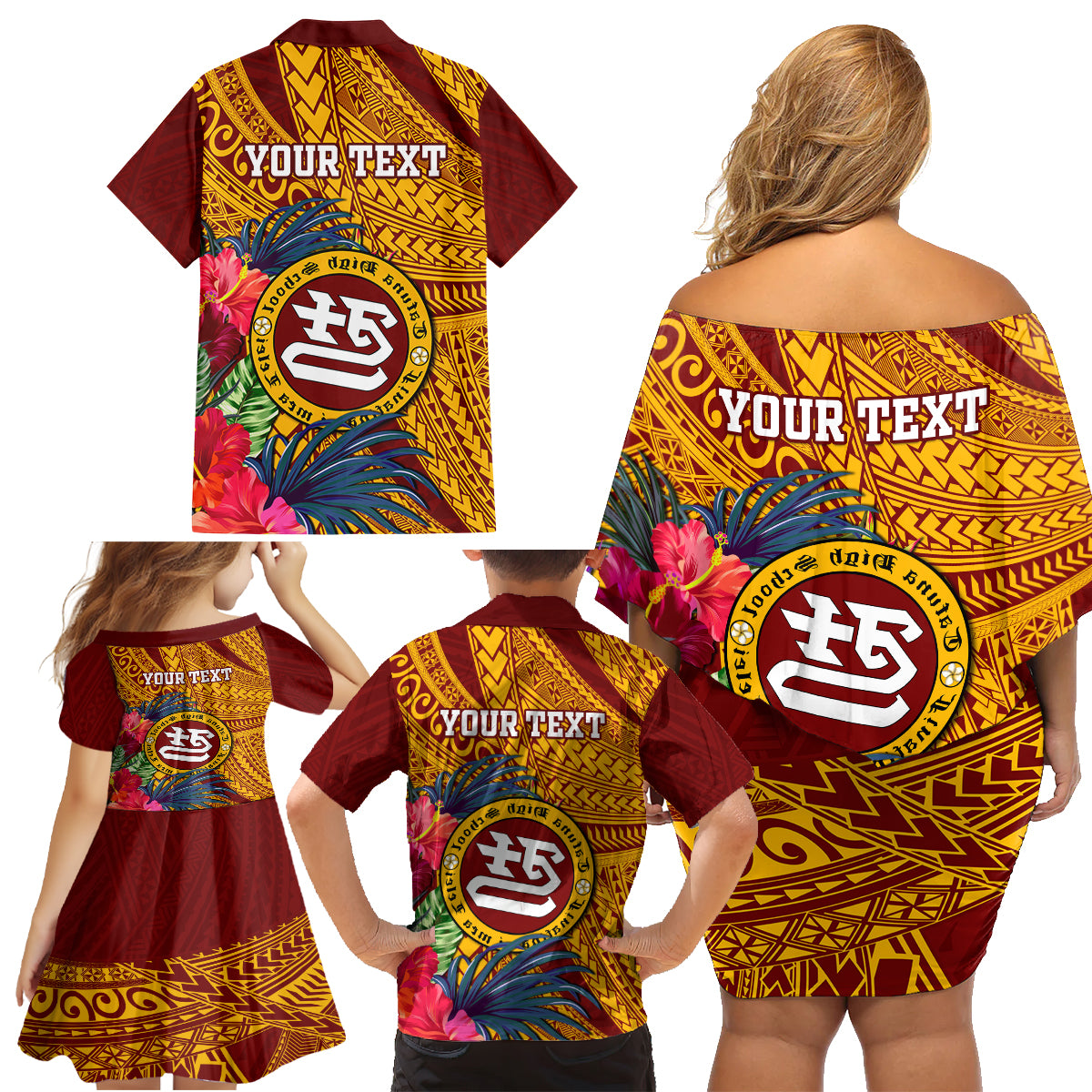 Personalised Tafuna High School Family Matching Off Shoulder Short Dress and Hawaiian Shirt American Samoa Schools Polynesian Tropical Flowers - Wonder Print Shop