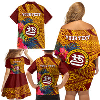 Personalised Tafuna High School Family Matching Off Shoulder Short Dress and Hawaiian Shirt American Samoa Schools Polynesian Tropical Flowers - Wonder Print Shop