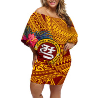 Personalised Tafuna High School Family Matching Off Shoulder Short Dress and Hawaiian Shirt American Samoa Schools Polynesian Tropical Flowers - Wonder Print Shop