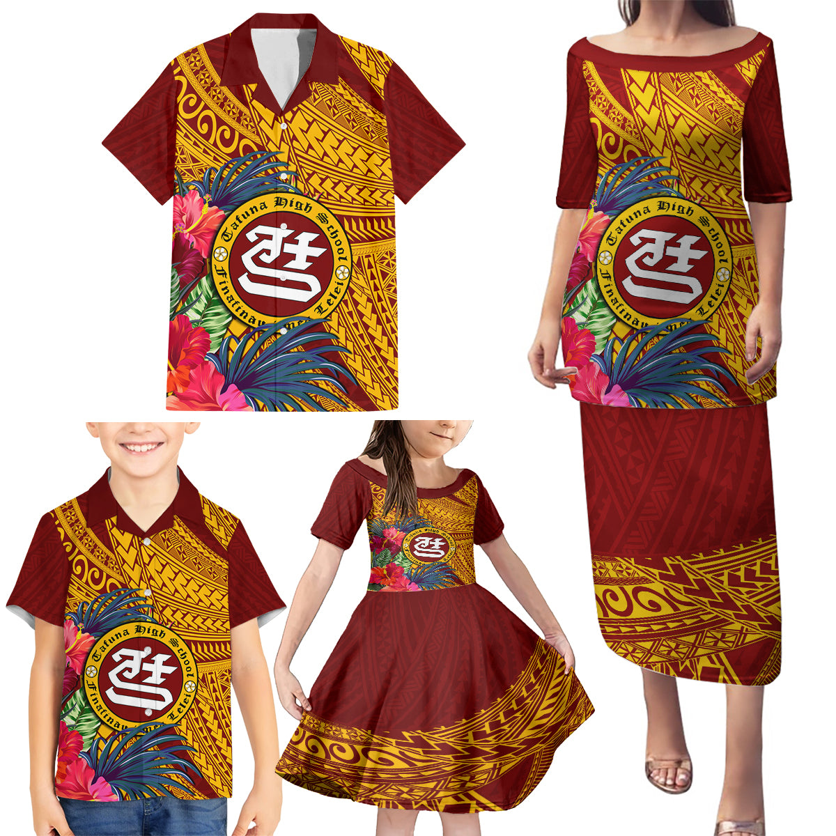 Personalised Tafuna High School Family Matching Puletasi Dress and Hawaiian Shirt American Samoa Schools Polynesian Tropical Flowers - Wonder Print Shop