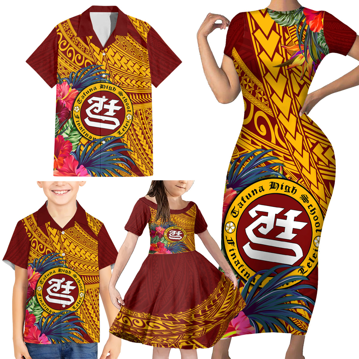 Personalised Tafuna High School Family Matching Short Sleeve Bodycon Dress and Hawaiian Shirt American Samoa Schools Polynesian Tropical Flowers - Wonder Print Shop