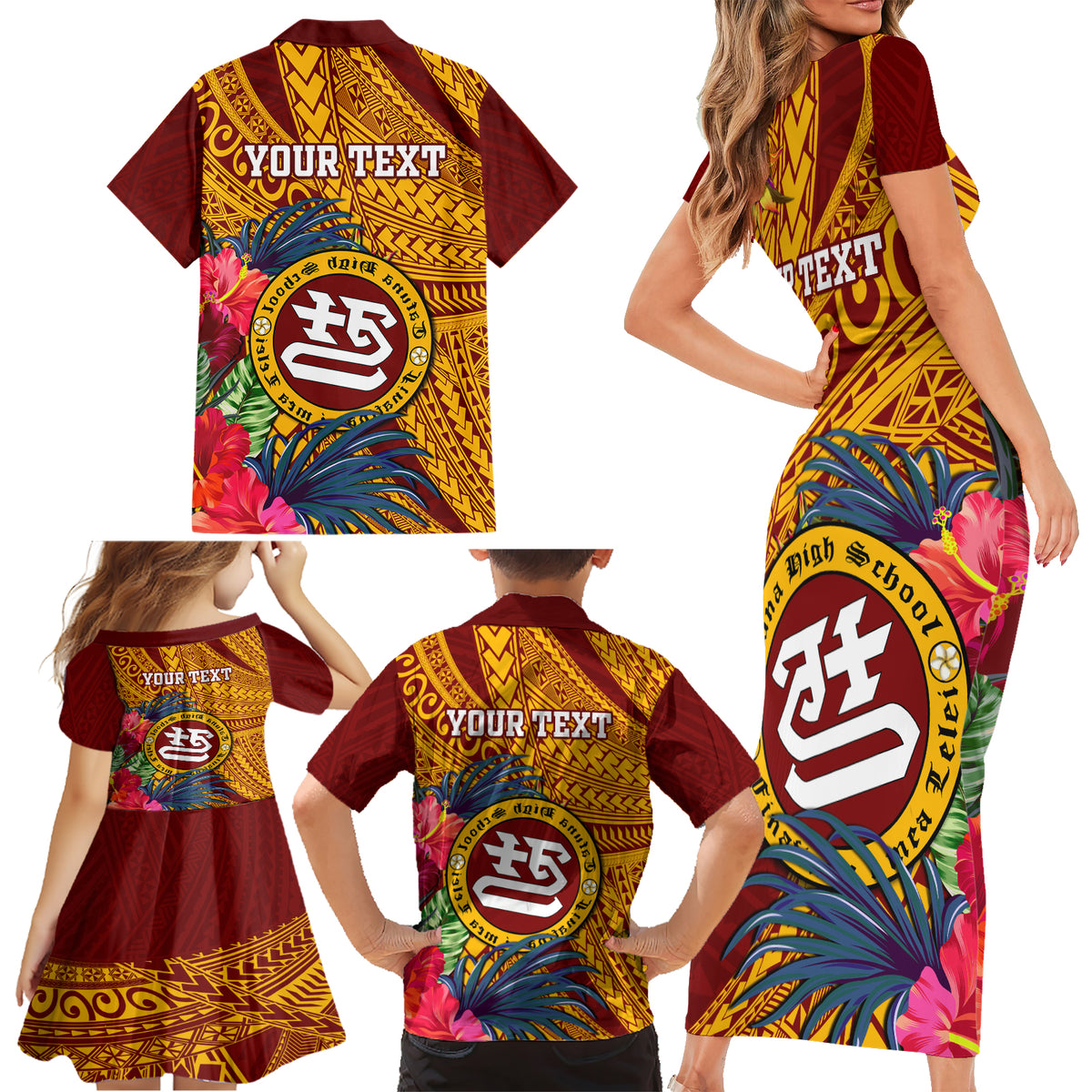Personalised Tafuna High School Family Matching Short Sleeve Bodycon Dress and Hawaiian Shirt American Samoa Schools Polynesian Tropical Flowers - Wonder Print Shop