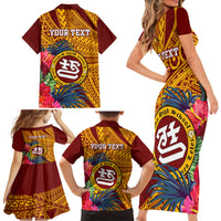 Personalised Tafuna High School Family Matching Short Sleeve Bodycon Dress and Hawaiian Shirt American Samoa Schools Polynesian Tropical Flowers - Wonder Print Shop