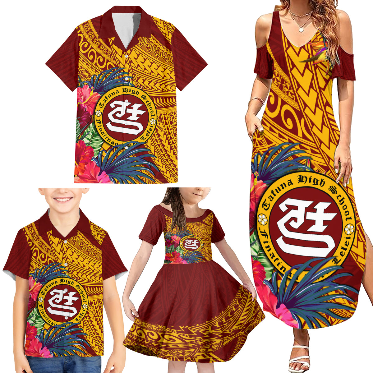 Personalised Tafuna High School Family Matching Summer Maxi Dress and Hawaiian Shirt American Samoa Schools Polynesian Tropical Flowers - Wonder Print Shop