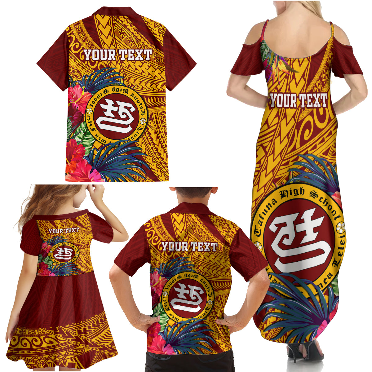 Personalised Tafuna High School Family Matching Summer Maxi Dress and Hawaiian Shirt American Samoa Schools Polynesian Tropical Flowers - Wonder Print Shop