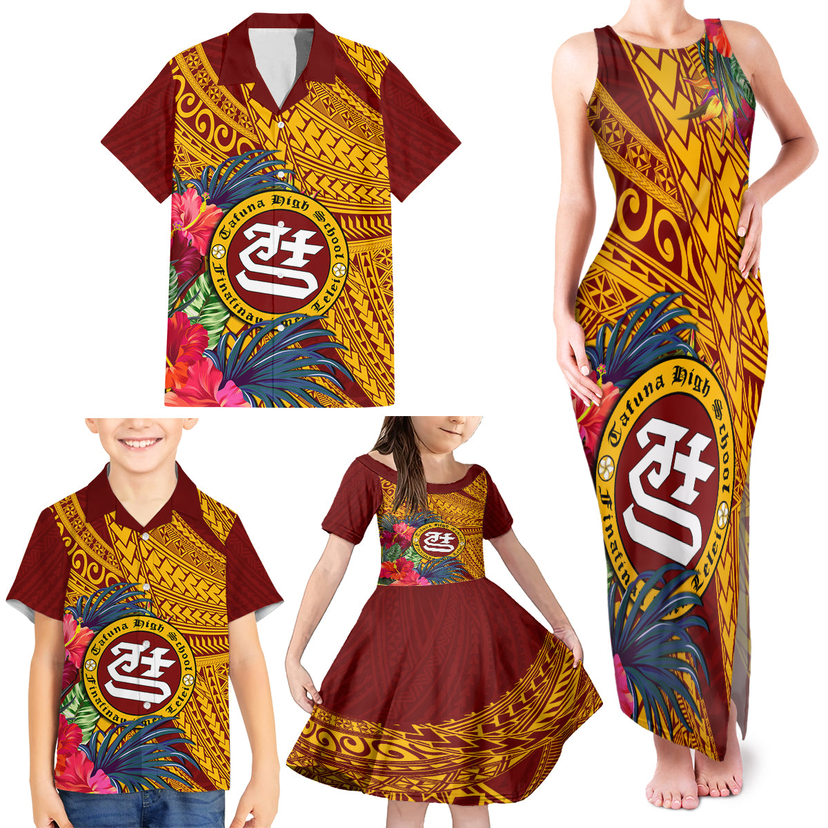 Personalised Tafuna High School Family Matching Tank Maxi Dress and Hawaiian Shirt American Samoa Schools Polynesian Tropical Flowers - Wonder Print Shop