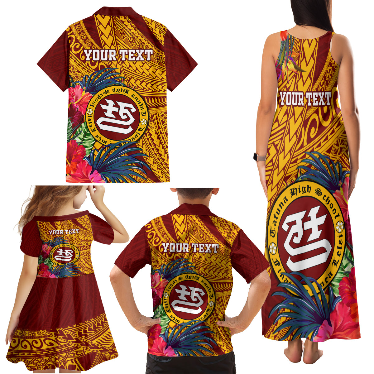 Personalised Tafuna High School Family Matching Tank Maxi Dress and Hawaiian Shirt American Samoa Schools Polynesian Tropical Flowers - Wonder Print Shop