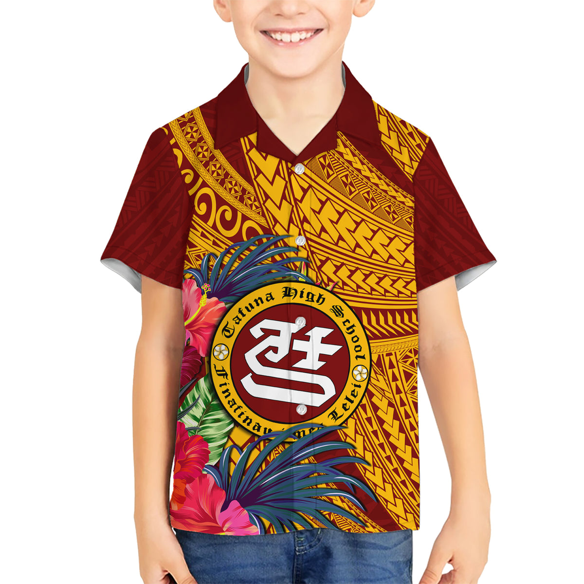 Personalised Tafuna High School Kid Hawaiian Shirt American Samoa Schools Polynesian Tropical Flowers - Wonder Print Shop