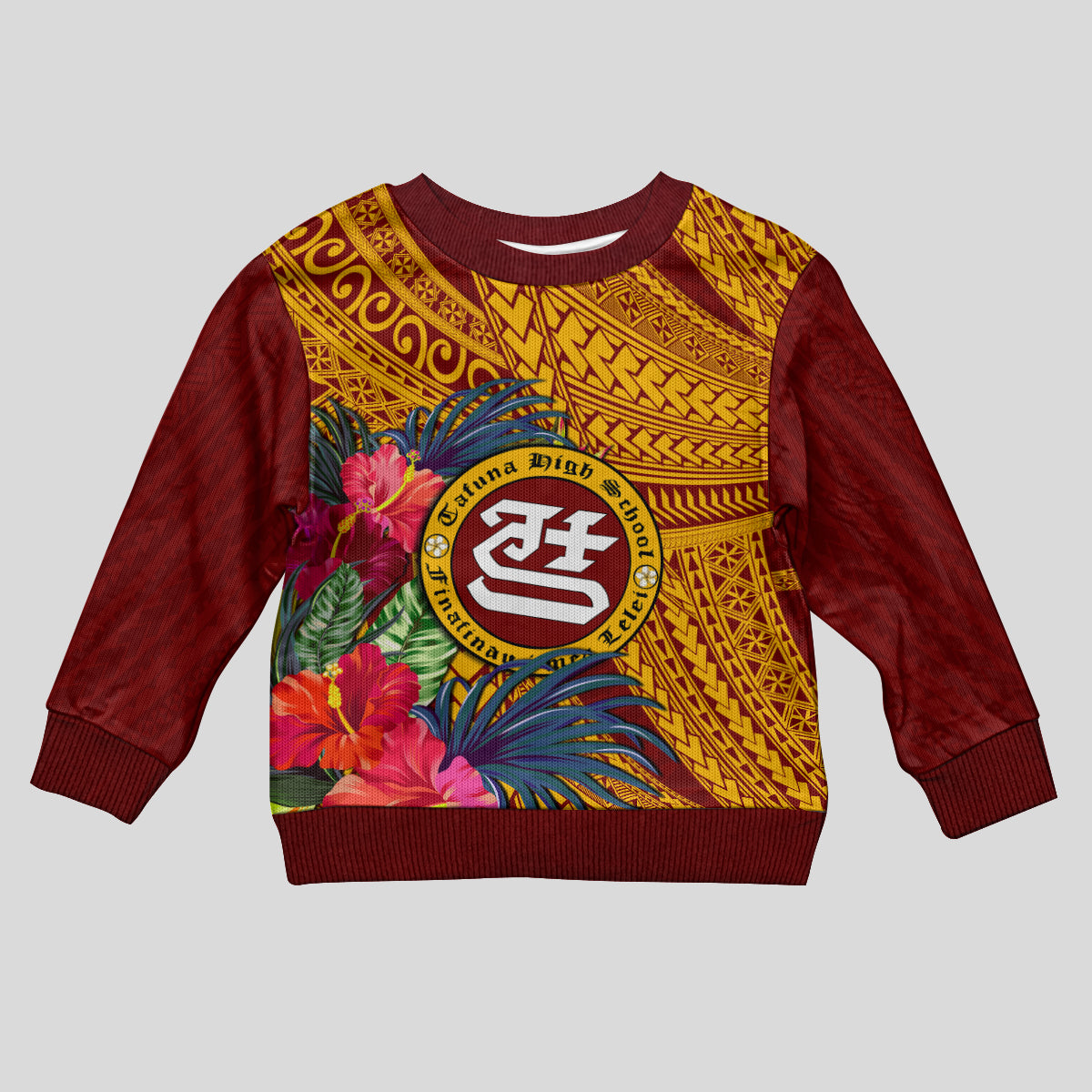 Personalised Tafuna High School Kid Ugly Christmas Sweater American Samoa Schools Polynesian Tropical Flowers - Wonder Print Shop