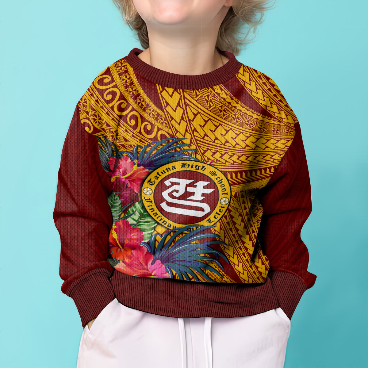 Personalised Tafuna High School Kid Ugly Christmas Sweater American Samoa Schools Polynesian Tropical Flowers - Wonder Print Shop