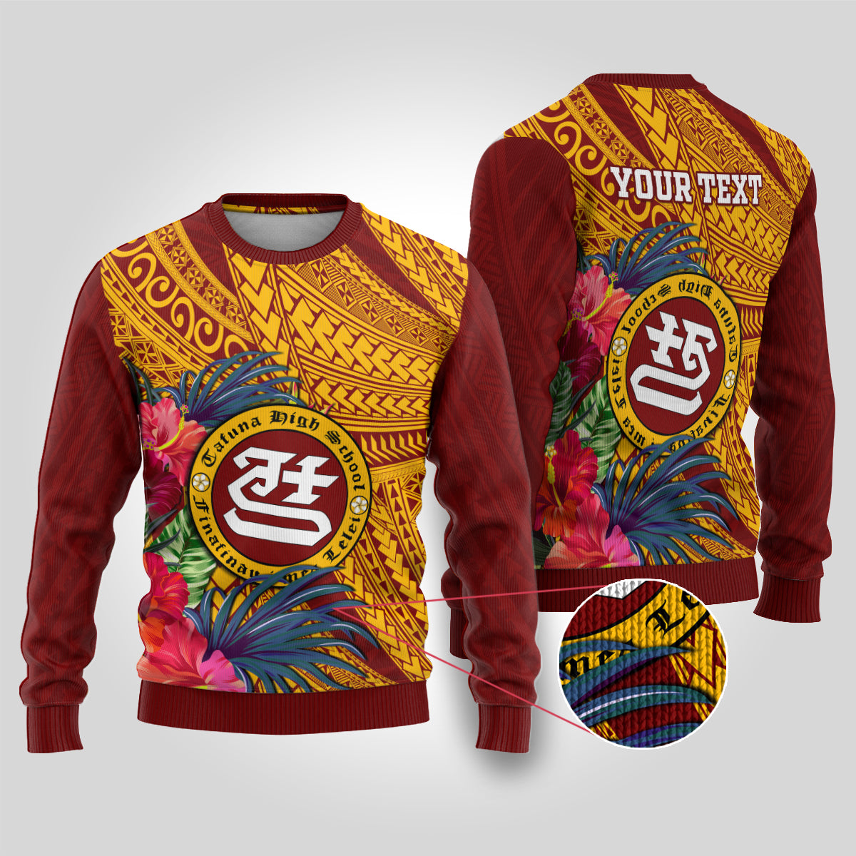 Personalised Tafuna High School Ugly Christmas Sweater American Samoa Schools Polynesian Tropical Flowers - Wonder Print Shop