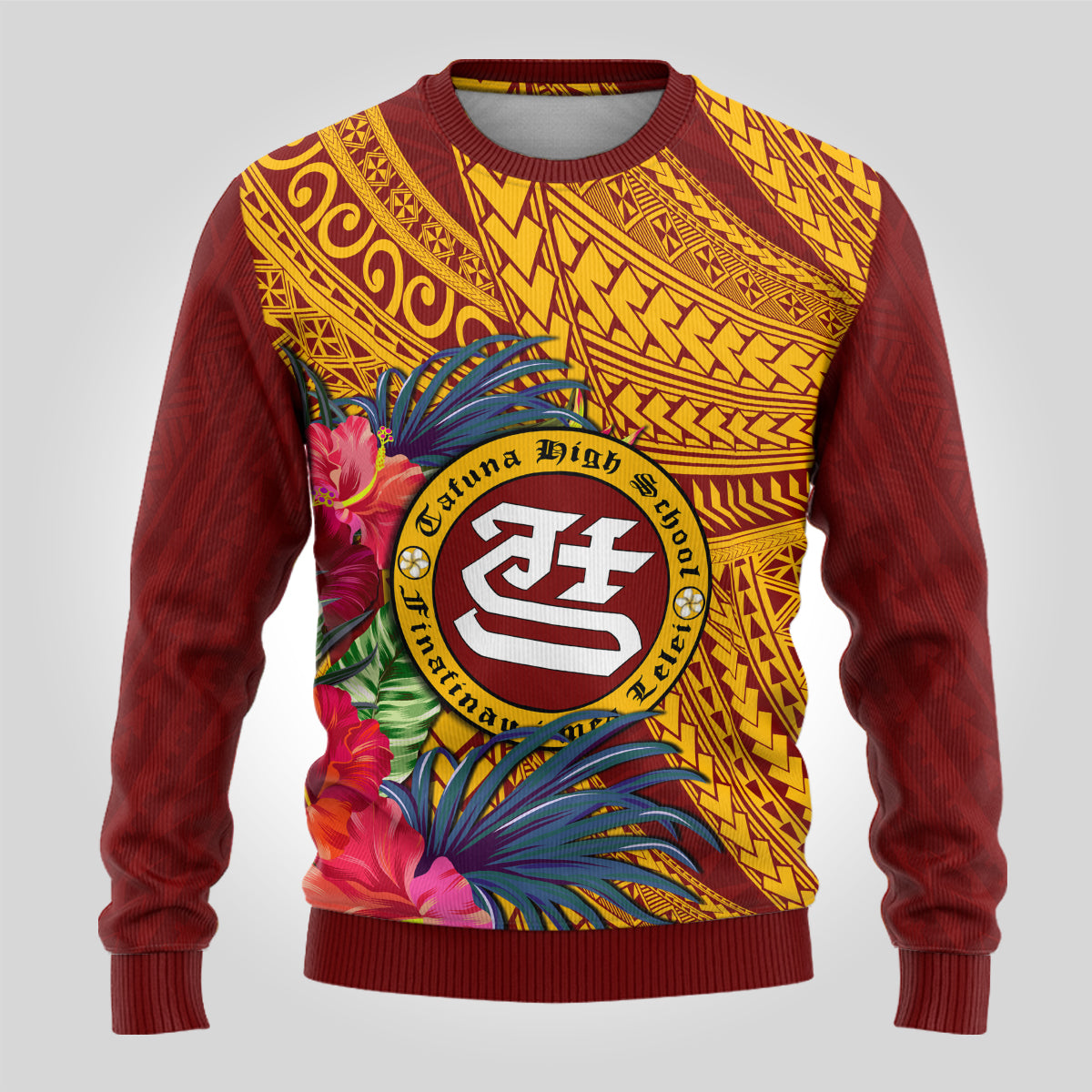 Personalised Tafuna High School Ugly Christmas Sweater American Samoa Schools Polynesian Tropical Flowers - Wonder Print Shop