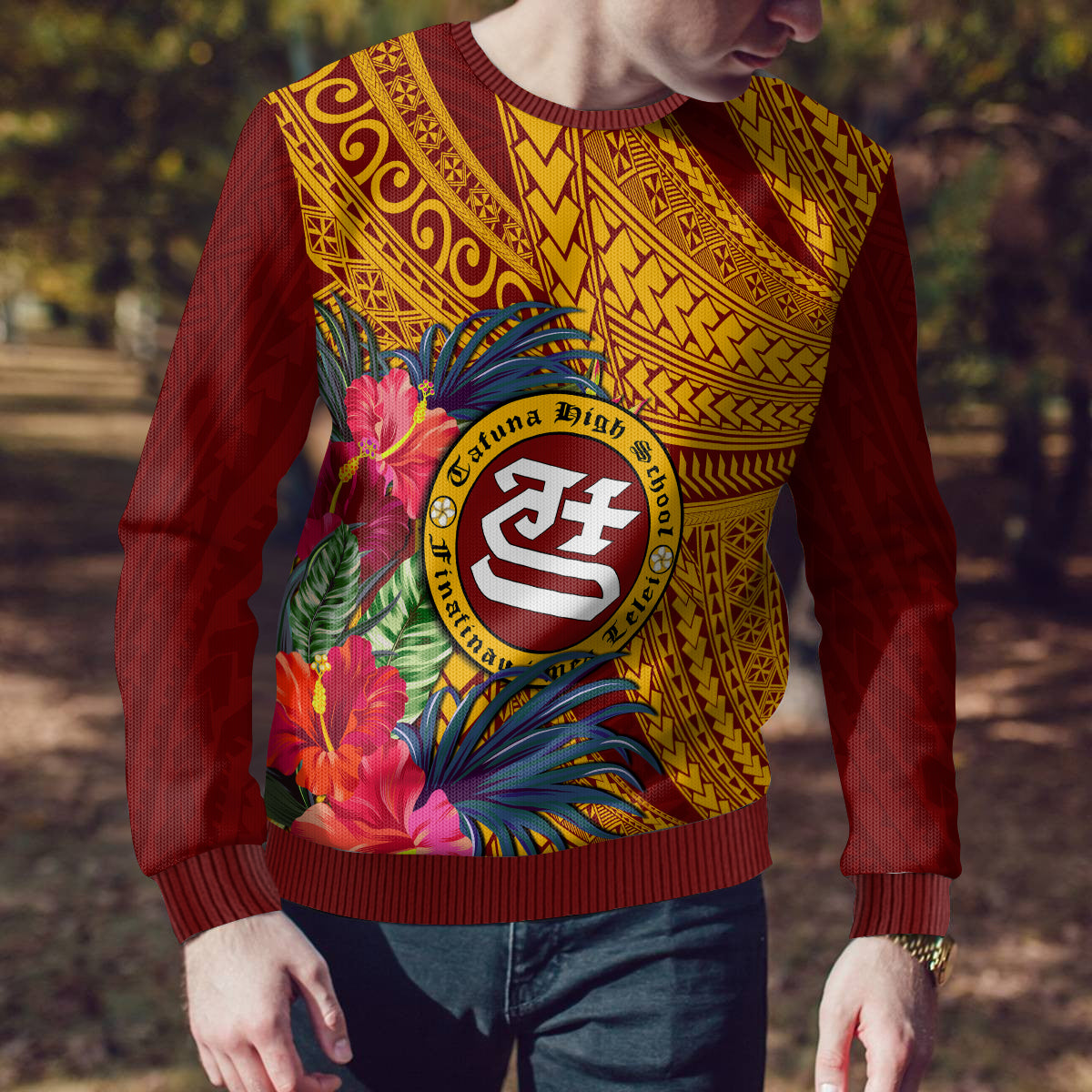 Personalised Tafuna High School Ugly Christmas Sweater American Samoa Schools Polynesian Tropical Flowers - Wonder Print Shop