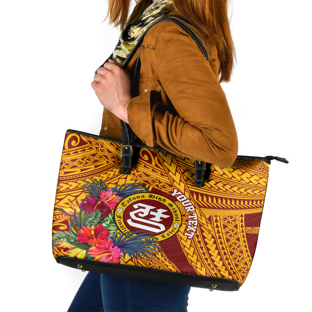 Personalised Tafuna High School Leather Tote Bag American Samoa Schools Polynesian Tropical Flowers - Wonder Print Shop