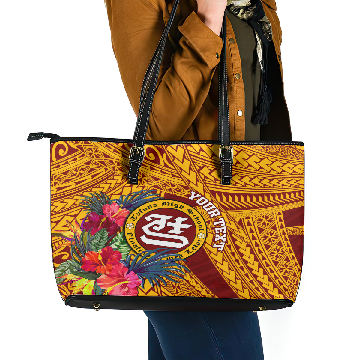 Personalised Tafuna High School Leather Tote Bag American Samoa Schools Polynesian Tropical Flowers - Wonder Print Shop