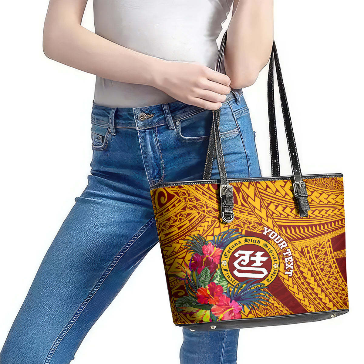 Personalised Tafuna High School Leather Tote Bag American Samoa Schools Polynesian Tropical Flowers - Wonder Print Shop