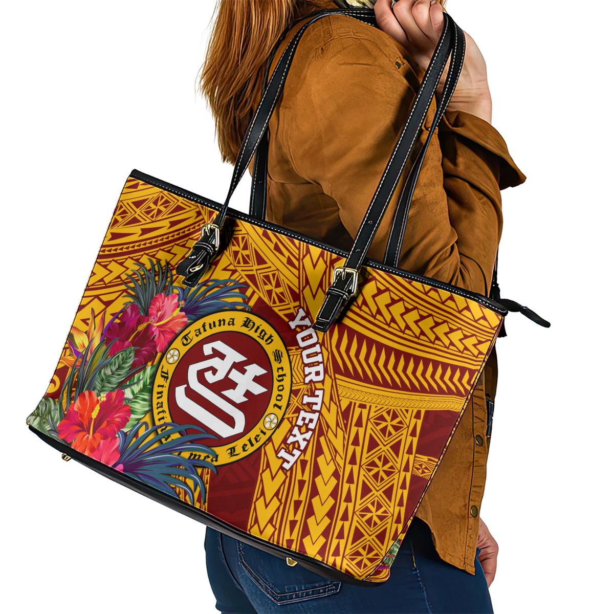 Personalised Tafuna High School Leather Tote Bag American Samoa Schools Polynesian Tropical Flowers - Wonder Print Shop