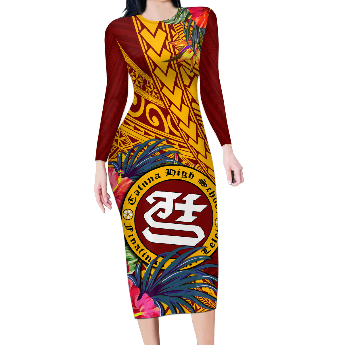 Personalised Tafuna High School Long Sleeve Bodycon Dress American Samoa Schools Polynesian Tropical Flowers - Wonder Print Shop