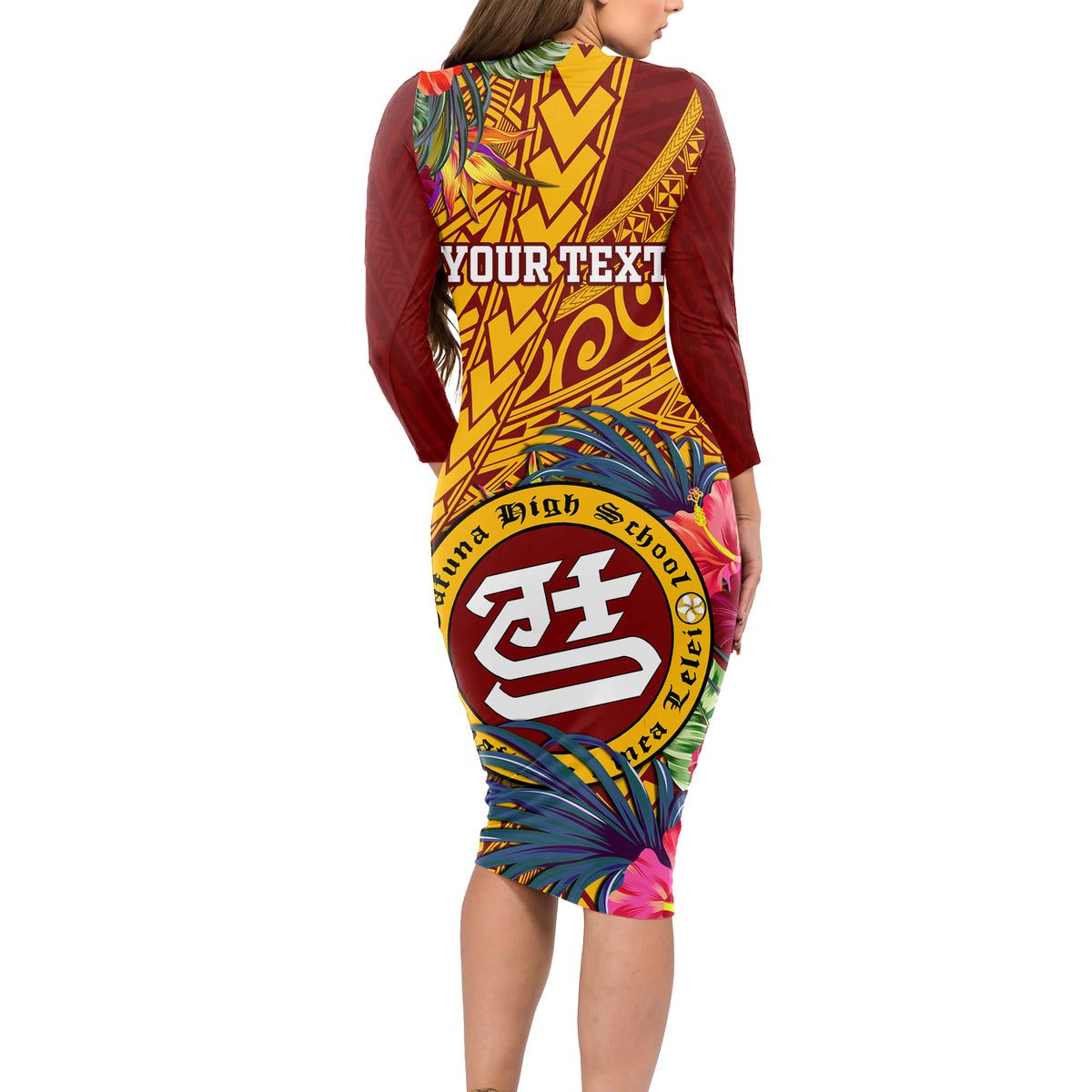Personalised Tafuna High School Long Sleeve Bodycon Dress American Samoa Schools Polynesian Tropical Flowers - Wonder Print Shop