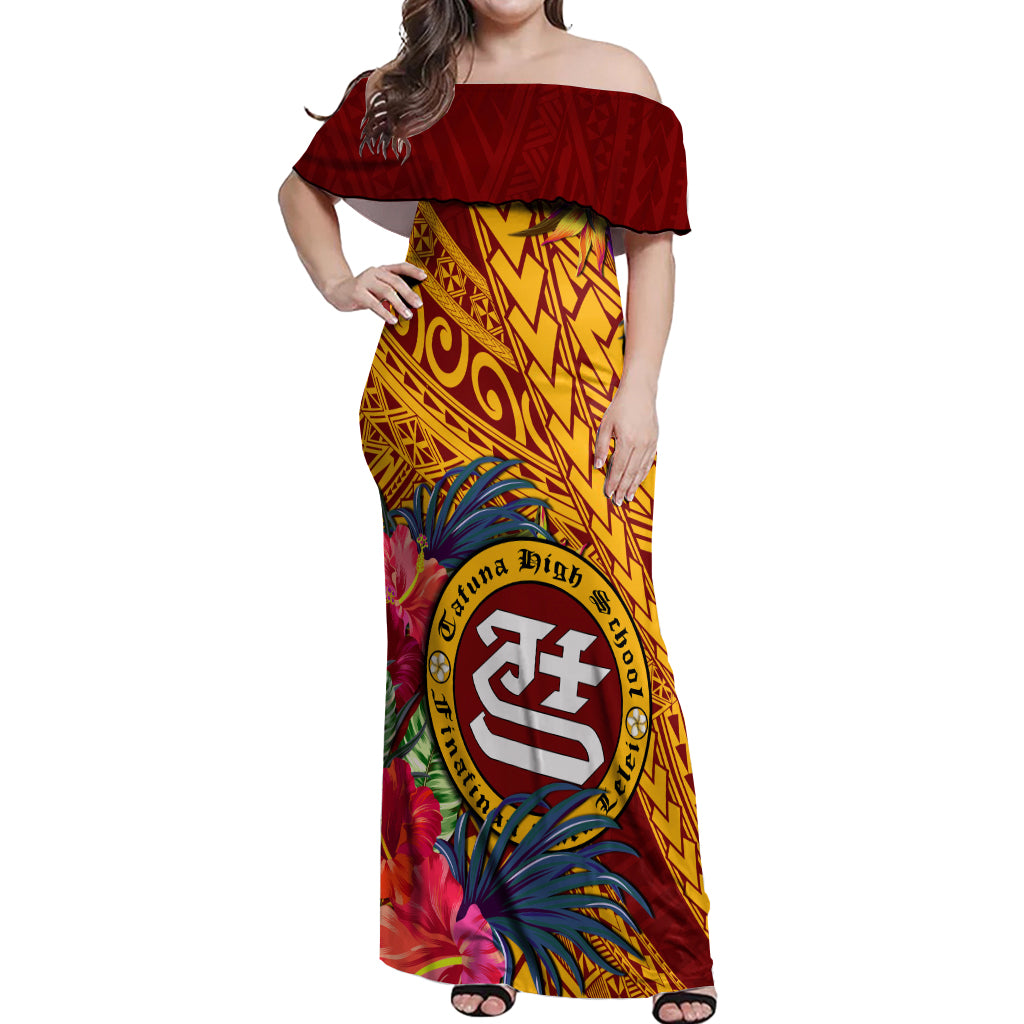 Personalised Tafuna High School Off Shoulder Maxi Dress American Samoa Schools Polynesian Tropical Flowers - Wonder Print Shop